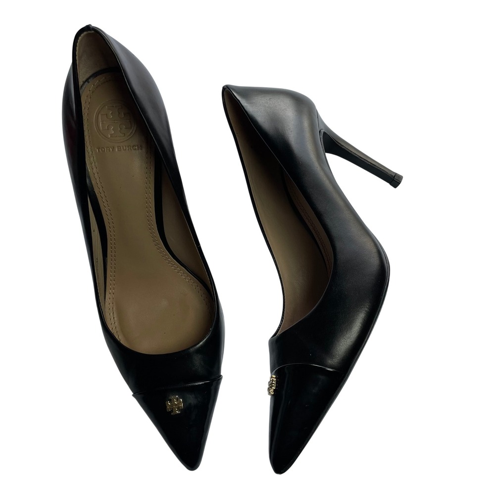 Tory Burch Size 7.5M Fairford Leather Pumps Black Patent Cap Toe Logo Heels